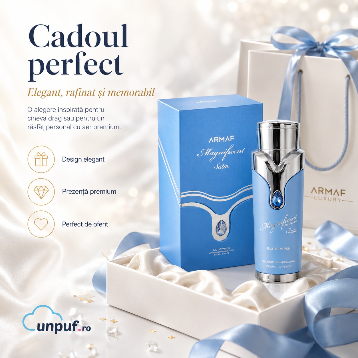 Armaf Magnificent Satin cadou perfect elegant rafinat și memorabil cu design premium albastru argintiu
