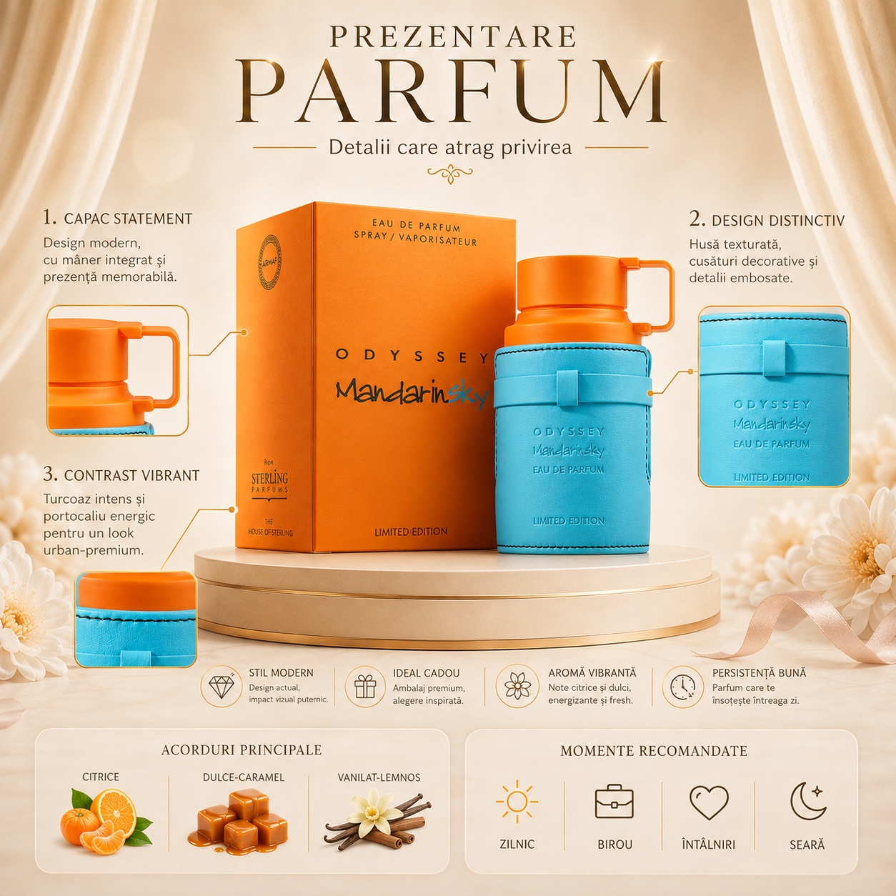 Prezentare parfum Armaf Odyssey Mandarin Sky cu detalii premium, acorduri citrice, dulce-caramelate și vanilate