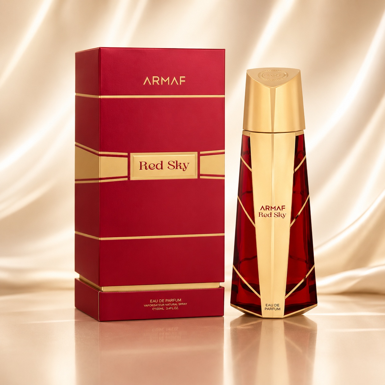 Parfum Arăbesc Armaf Red Sky 105 ml cu flacon roșu auriu și cutie premium roșie