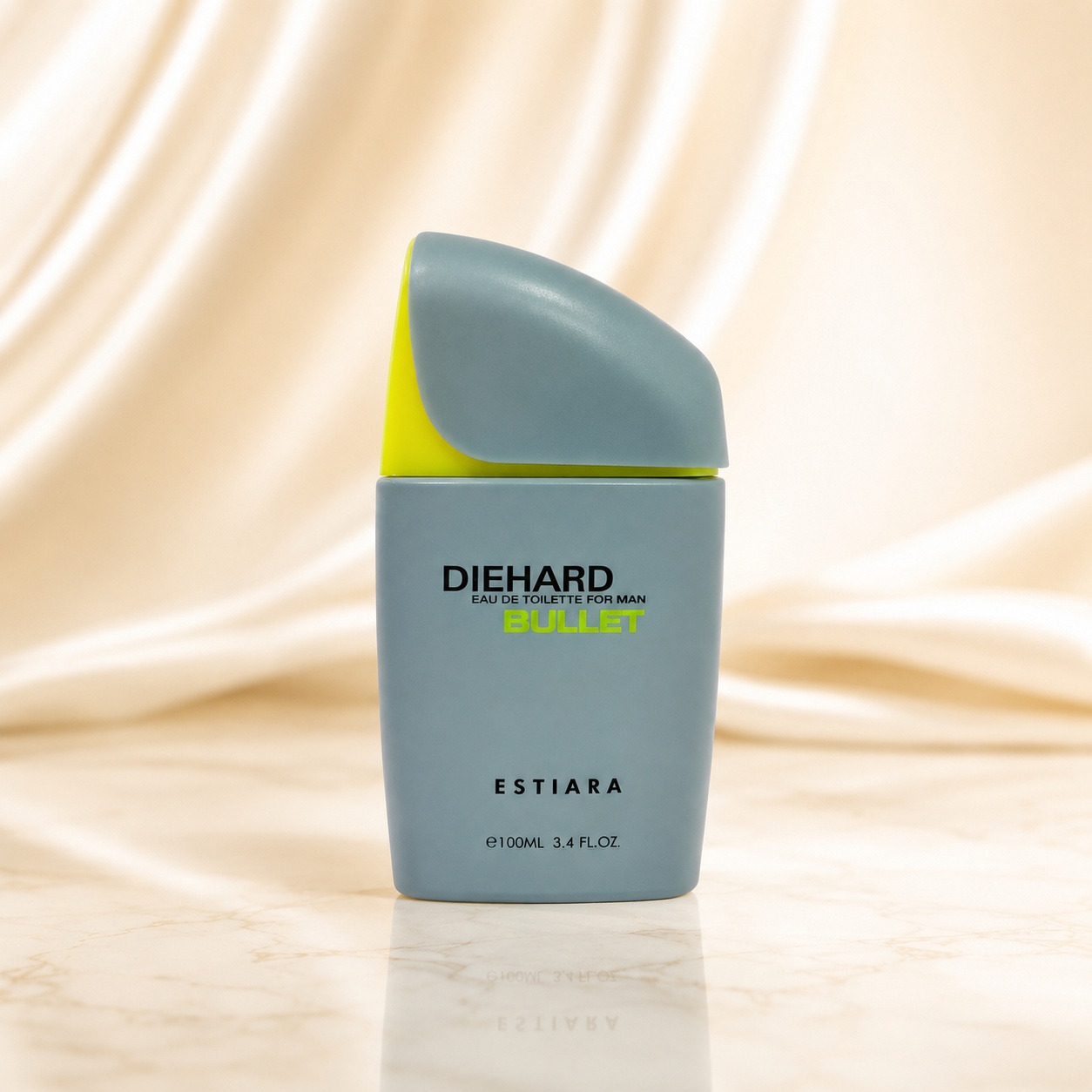 Sticlă parfum Estiara Die Hard Bullet, parfum fresh aromatic cu design modern gri și lime