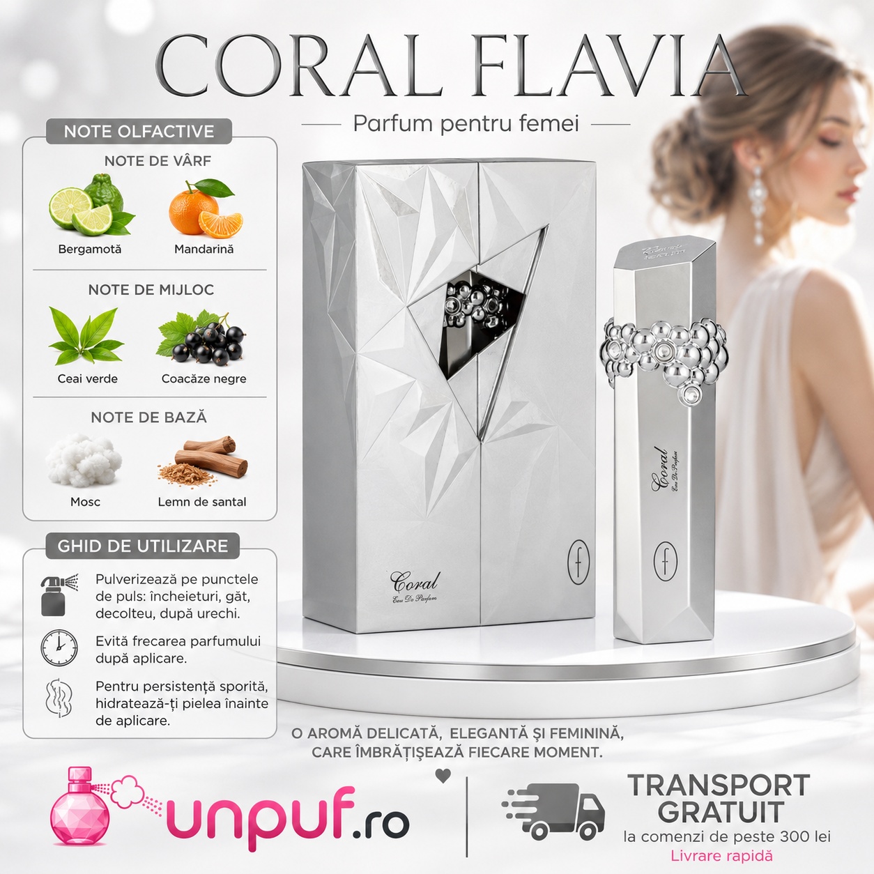Note olfactive și ghid de utilizare Flavia Coral 100 ml cu bergamotă, mandarină, ceai verde, coacăze negre, mosc și santal