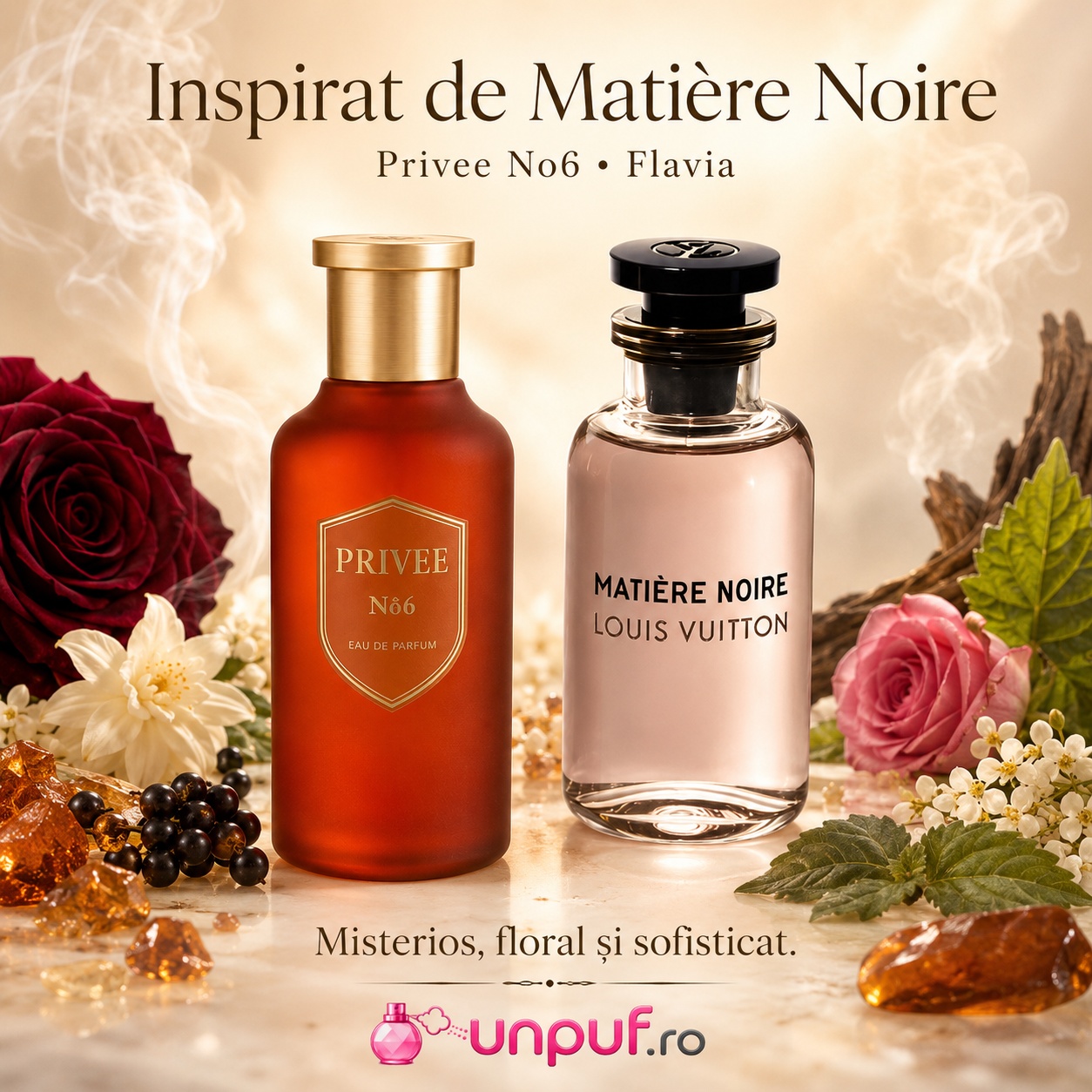 Flavia Privee No6 direcție vizuală Matière Noire, parfum misterios floral și sofisticat