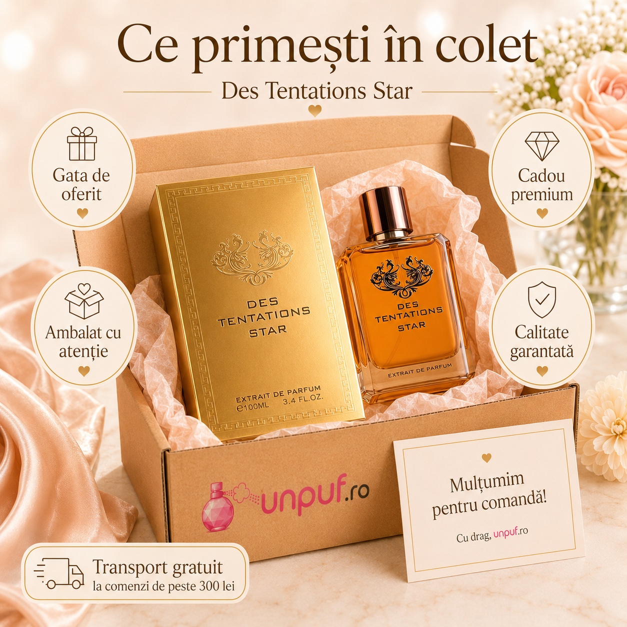 Ce primești în colet la Fragrance World Des Tentation Star Eau de Parfum 100ml, ambalaj premium UnPuf.ro