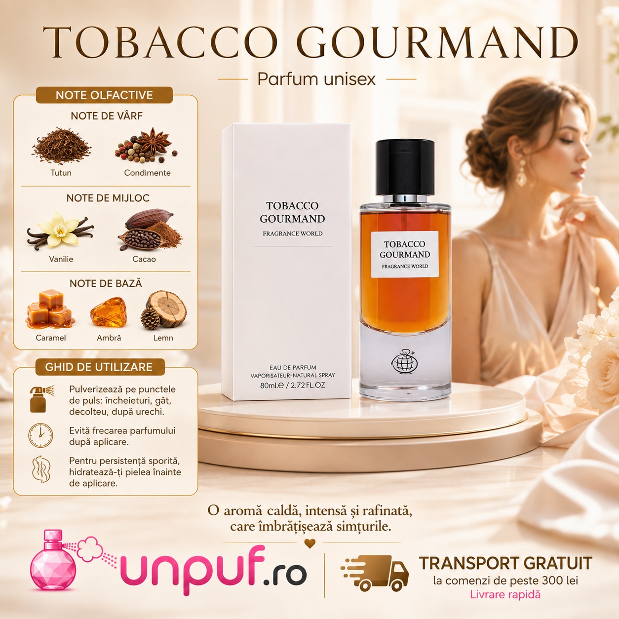 Profil olfactiv Fragrance World Tobacco Gourmand cu note de tutun, condimente, vanilie, cacao, caramel, ambră și lemn