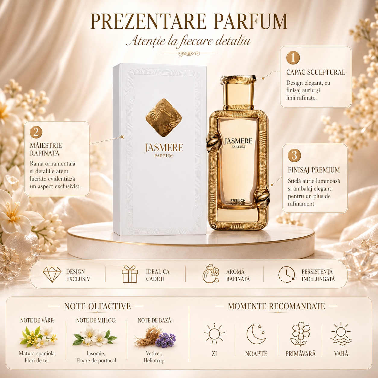 Prezentare parfum Jasmere French Avenue cu capac sculptural, măiestrie rafinată, finisaj premium și note olfactive