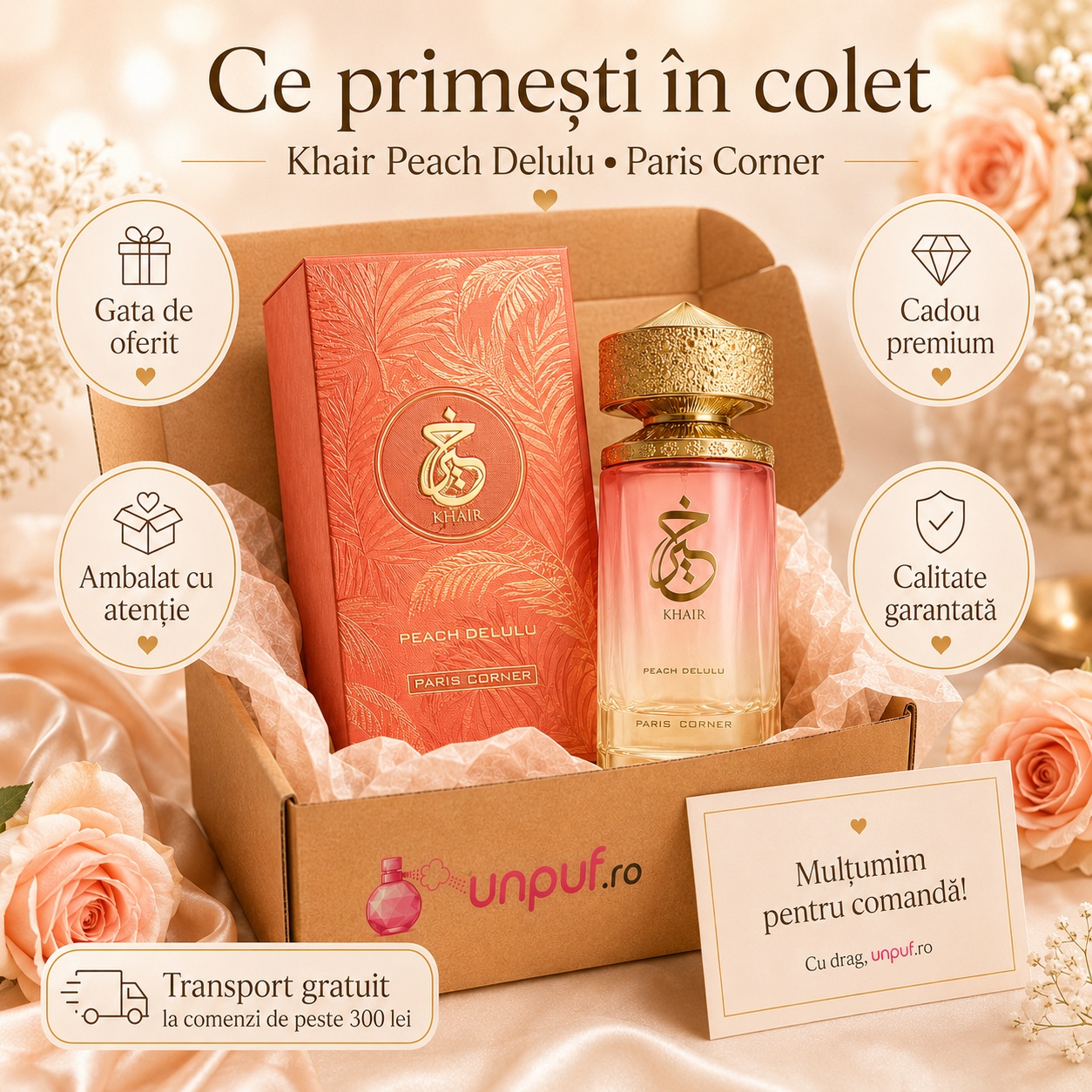 Ce primești &icirc;n colet Khair Peach Delulu Paris Corner 100 ml parfum original, cutie premium, ambalare atentă, cadou premium și calitate garantată