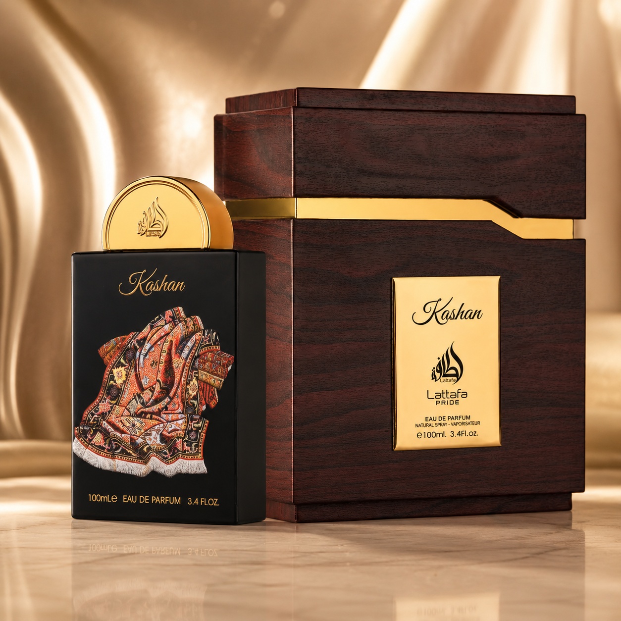 Parfum Arăbesc Lattafa Pride Kashan 100 ml damă cu flacon negru, capac auriu și cutie premium din lemn