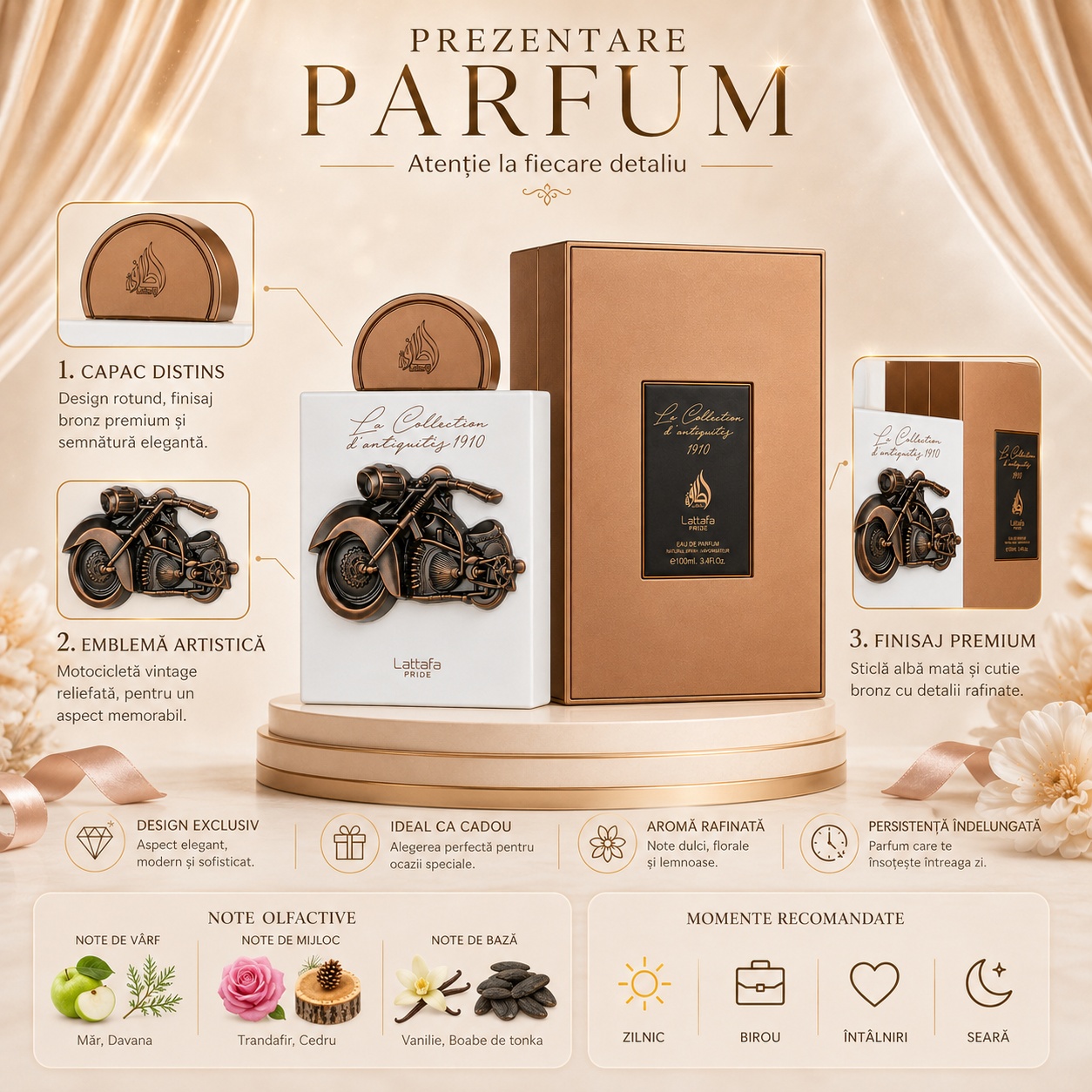 Prezentare parfum Lattafa Pride La Collection 1910 Bike cu note olfactive măr davana trandafir cedru vanilie și boabe de tonka
