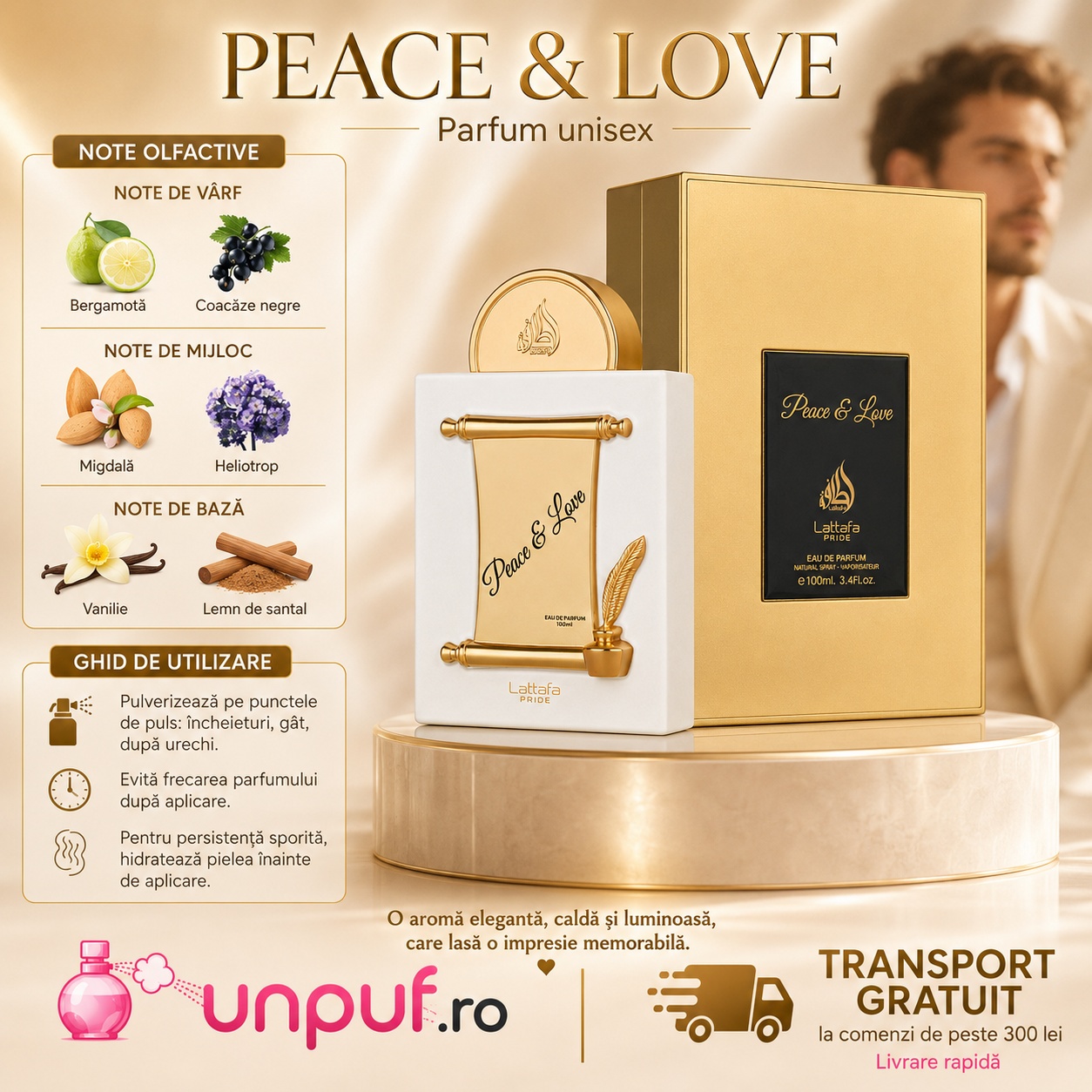 Lattafa Pride Peace & Love parfum cu note de bergamotă coacăze negre migdală heliotrop vanilie și lemn de santal, ghid de utilizare