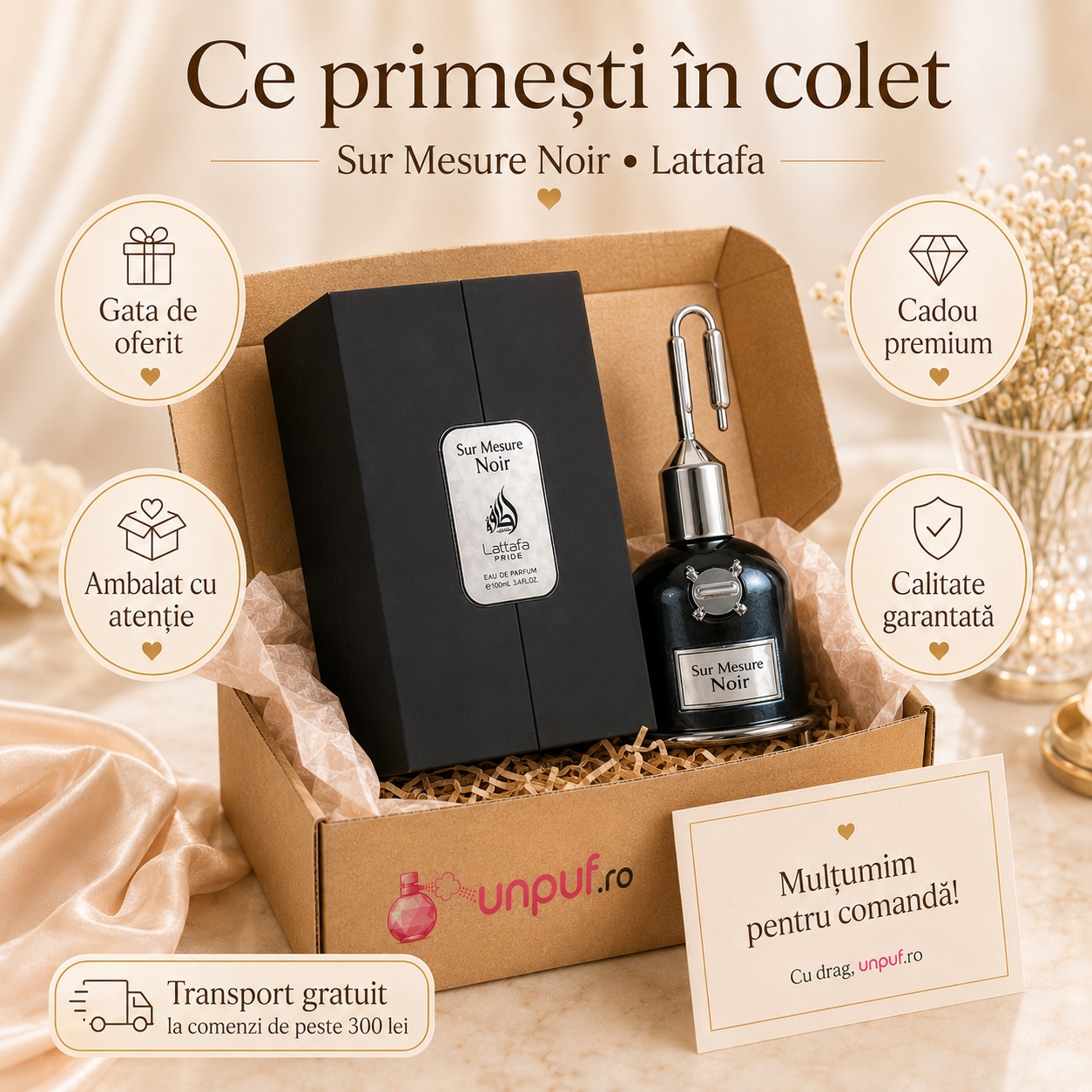 Ce primești &icirc;n colet Lattafa Pride Sur Mesure Noir 100 ml parfum damă ambalat cu atenție cadou premium