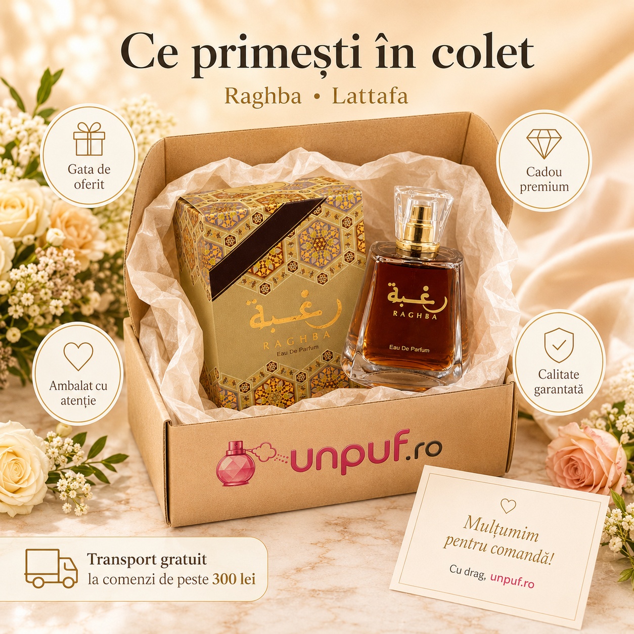Ce primești &icirc;n colet Lattafa Raghba 100 ml parfum damă ambalat cu atenție cadou premium