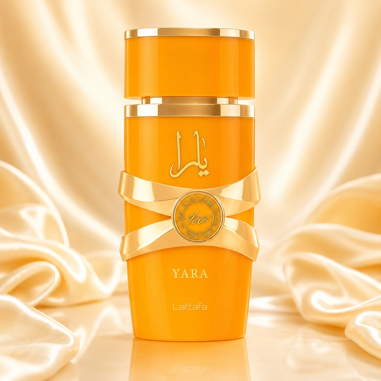 Flacon Lattafa Yara Tous 100 ml parfum cu design portocaliu, benzi aurii și capac elegant