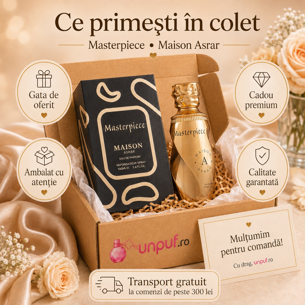 Ce primești în colet la Maison Asrar Masterpiece Eau de Parfum 100ml, ambalaj premium UnPuf.ro