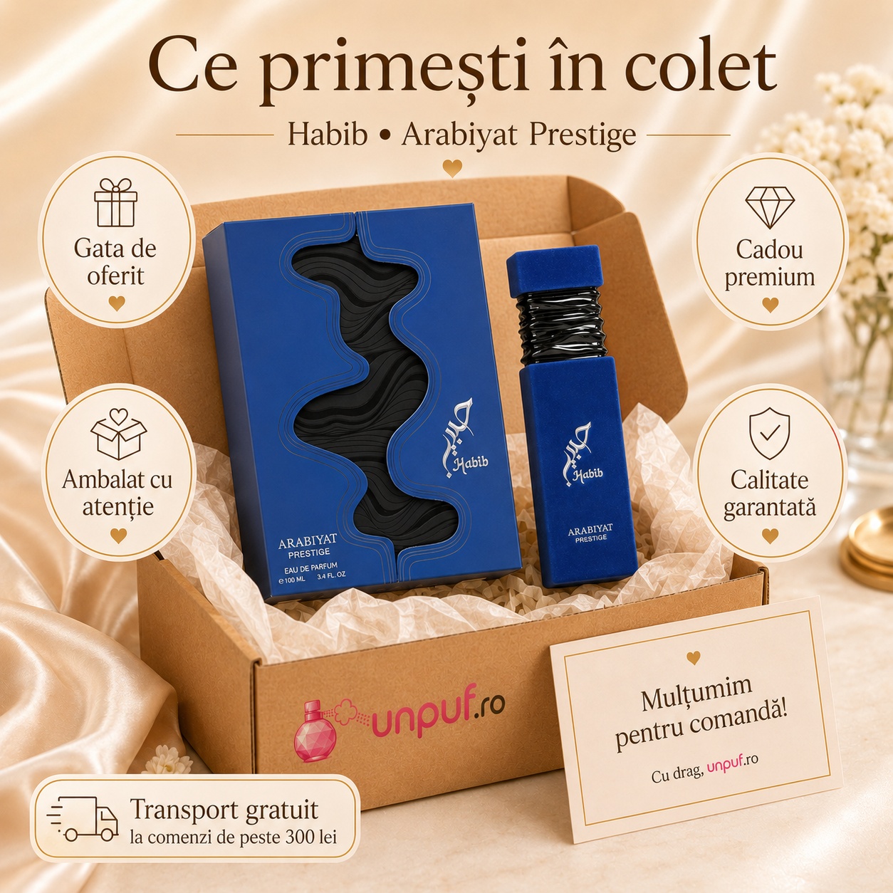Ce primești în colet la parfumul Habib Arabiyat Prestige 100 ml, ambalaj atent, cadou premium și calitate garantată