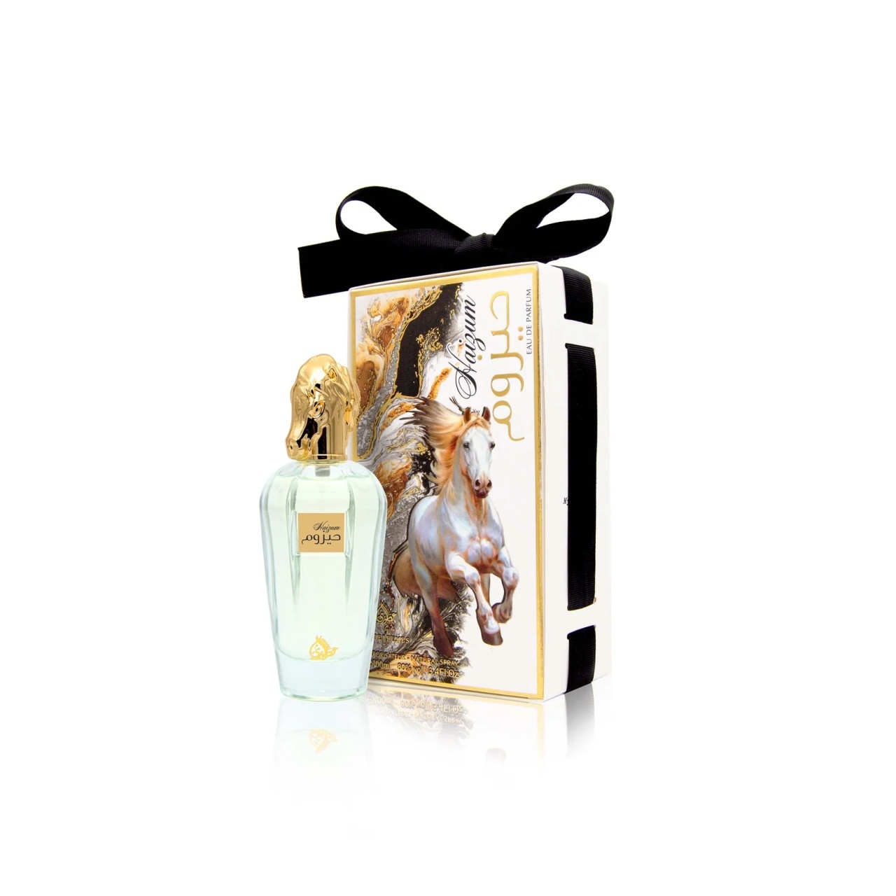 Parfum Arăbesc My Perfumes Haizum 100 ml cu flacon transparent verzui, capac auriu și cutie originală cu ilustrație cal