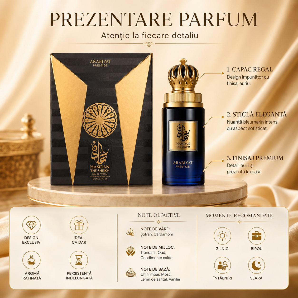 My Perfumes Hamdan The Sheikh prezentare parfum cu detalii premium, note de șofran, cardamom, trandafir, oud, chihlimbar, mosc, santal și vanilie