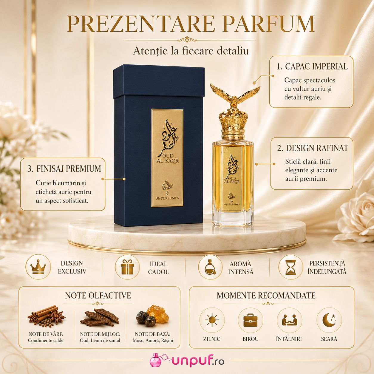 My Perfumes Oud Al Saqr prezentare parfum cu capac imperial, design rafinat, finisaj premium și note olfactive orientale