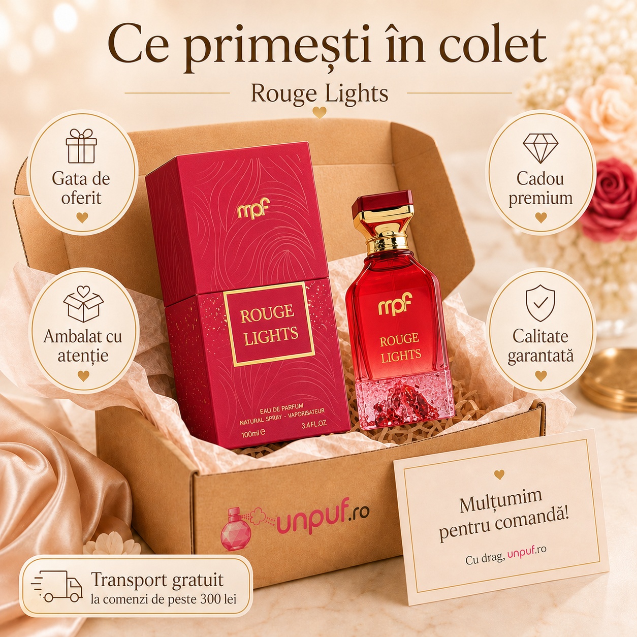 Ce primești în colet la parfumul Rouge Lights My Perfumes, ambalaj premium UnPuf.ro și prezentare cadou