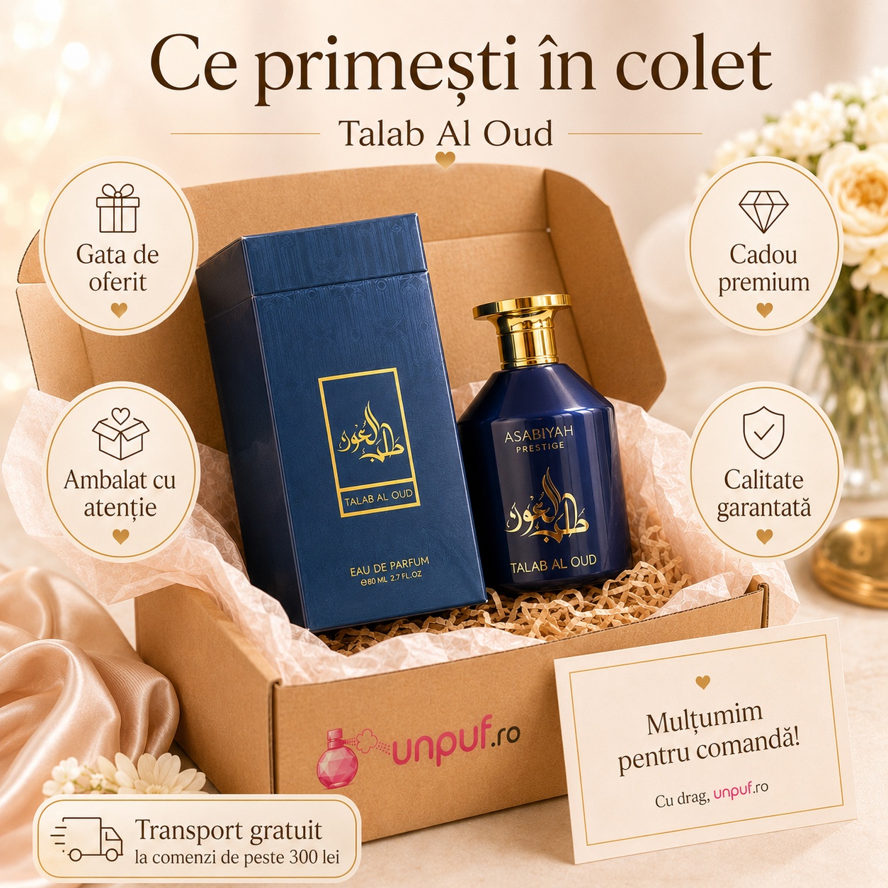 Ce primești în colet la My Perfumes Talab Al Oud, parfum ambalat atent și gata de oferit cadou