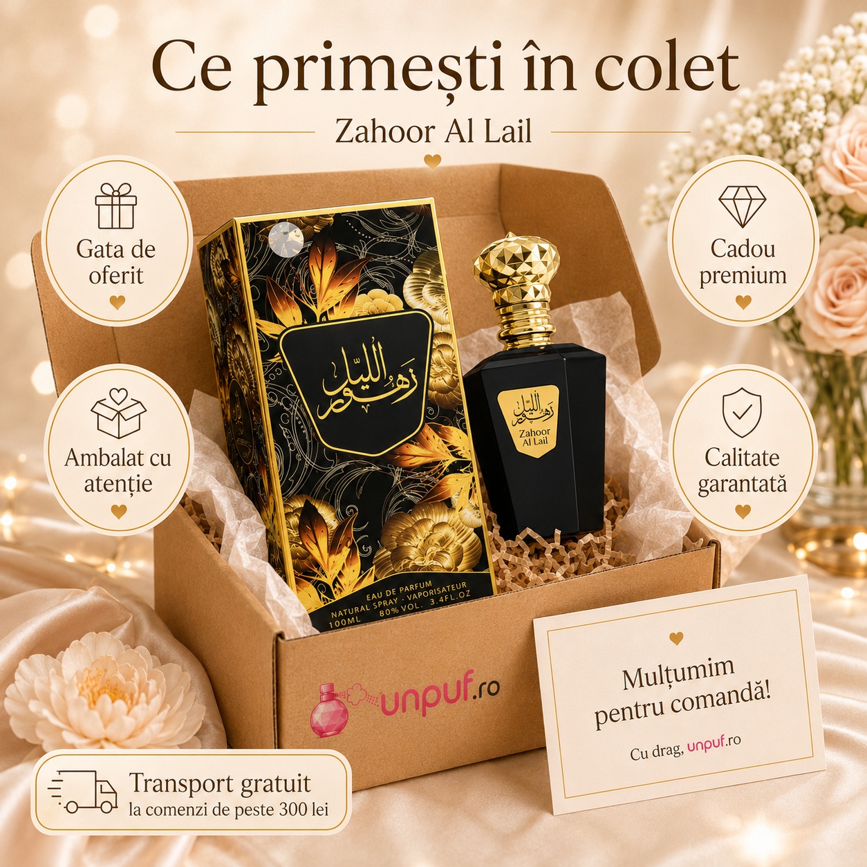 Ce primești în colet My Perfumes Zahoor Al Lail 100 ml, produs sigilat, ambalare premium și transport gratuit peste 300 lei