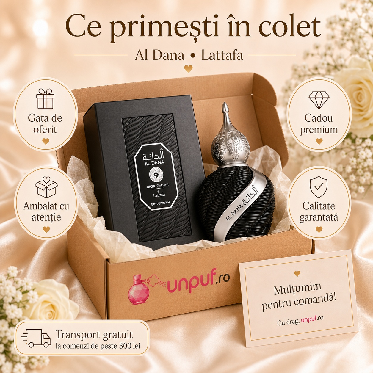 Ce primești în colet la parfumul Niche Emarati Al Dana, ambalaj premium UnPuf.ro