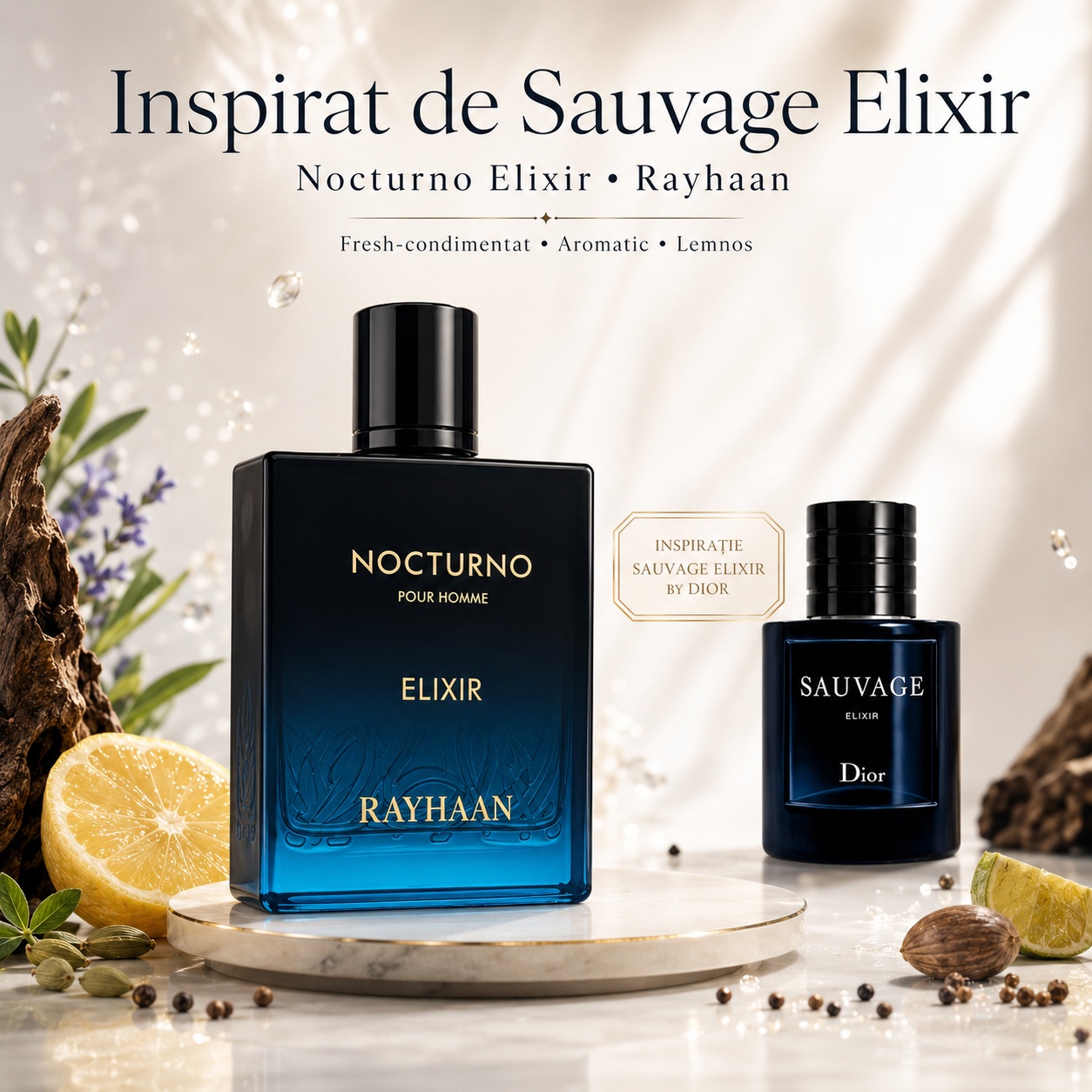 Nocturno Elixir Rayhaan inspirat de Sauvage Elixir parfum fresh condimentat aromatic și lemnos