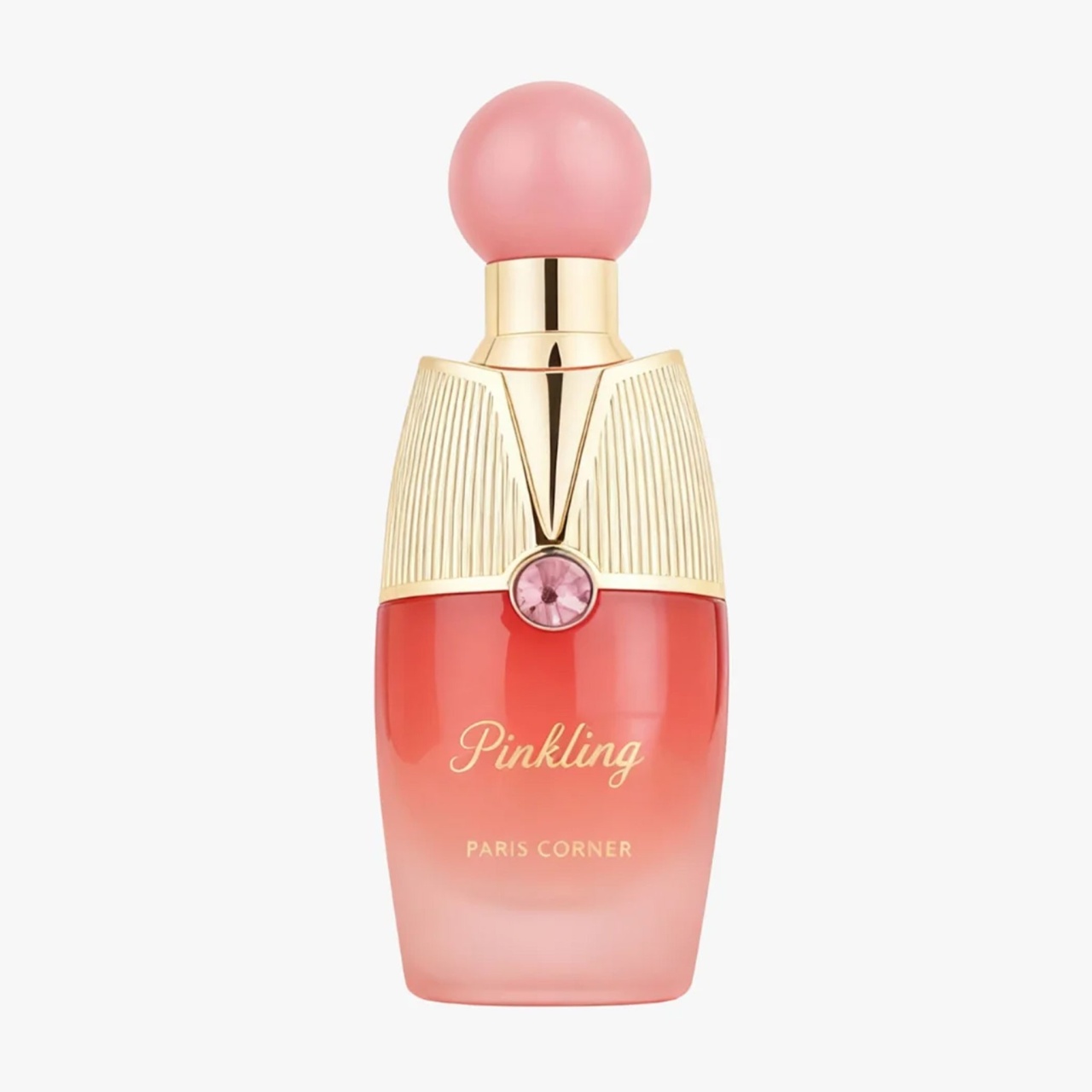 Sticlă parfum Pinkling Paris Corner 100 ml roz cu detalii aurii și capac rotund elegant