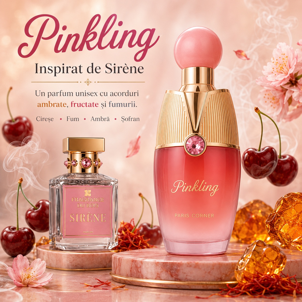 Pinkling Paris Corner inspirat din Sirene Fragrance Du Bois parfum cu cireșe fum ambră și șofran
