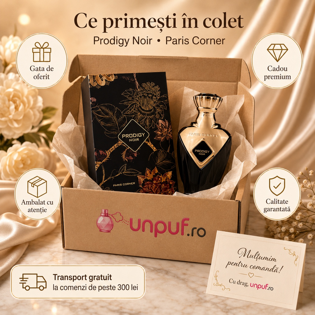 Ce primești &icirc;n colet Parfum Prodigy Noir Paris Corner 100 ml ambalat cu atenție