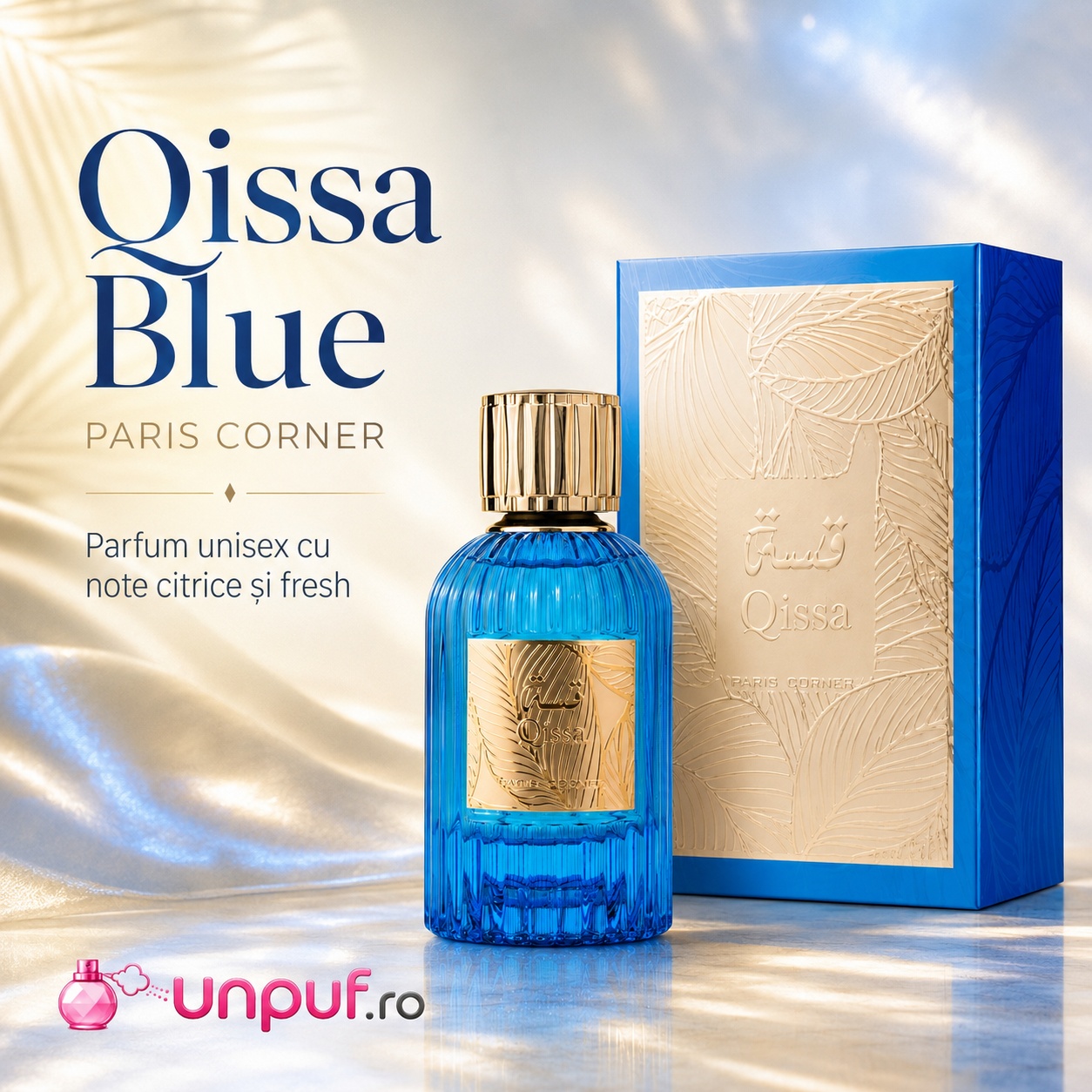 Qissa Blue Paris Corner parfum unisex cu note citrice și fresh pe fundal premium albastru auriu