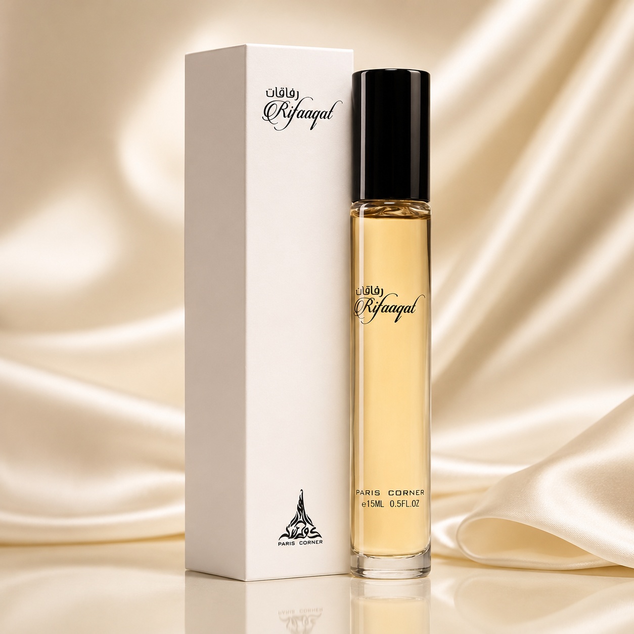 Parfum Arăbesc Rifaaqat Paris Corner 15 ml Apă de Parfum Unisex cu sticlă compactă și cutie albă elegantă