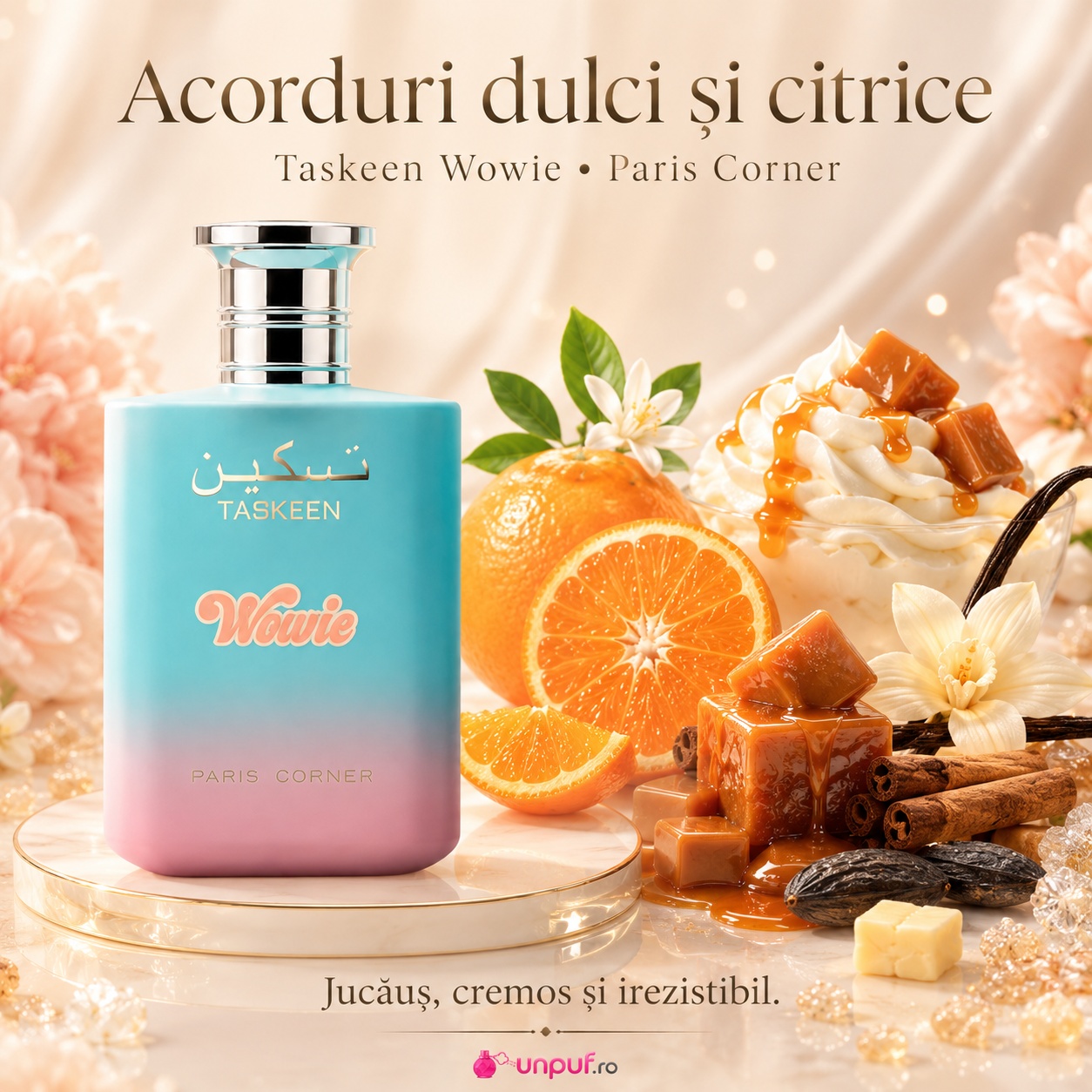 Taskeen Wowie Paris Corner prezentare premium parfum unisex cu flacon aqua roz și detalii elegante