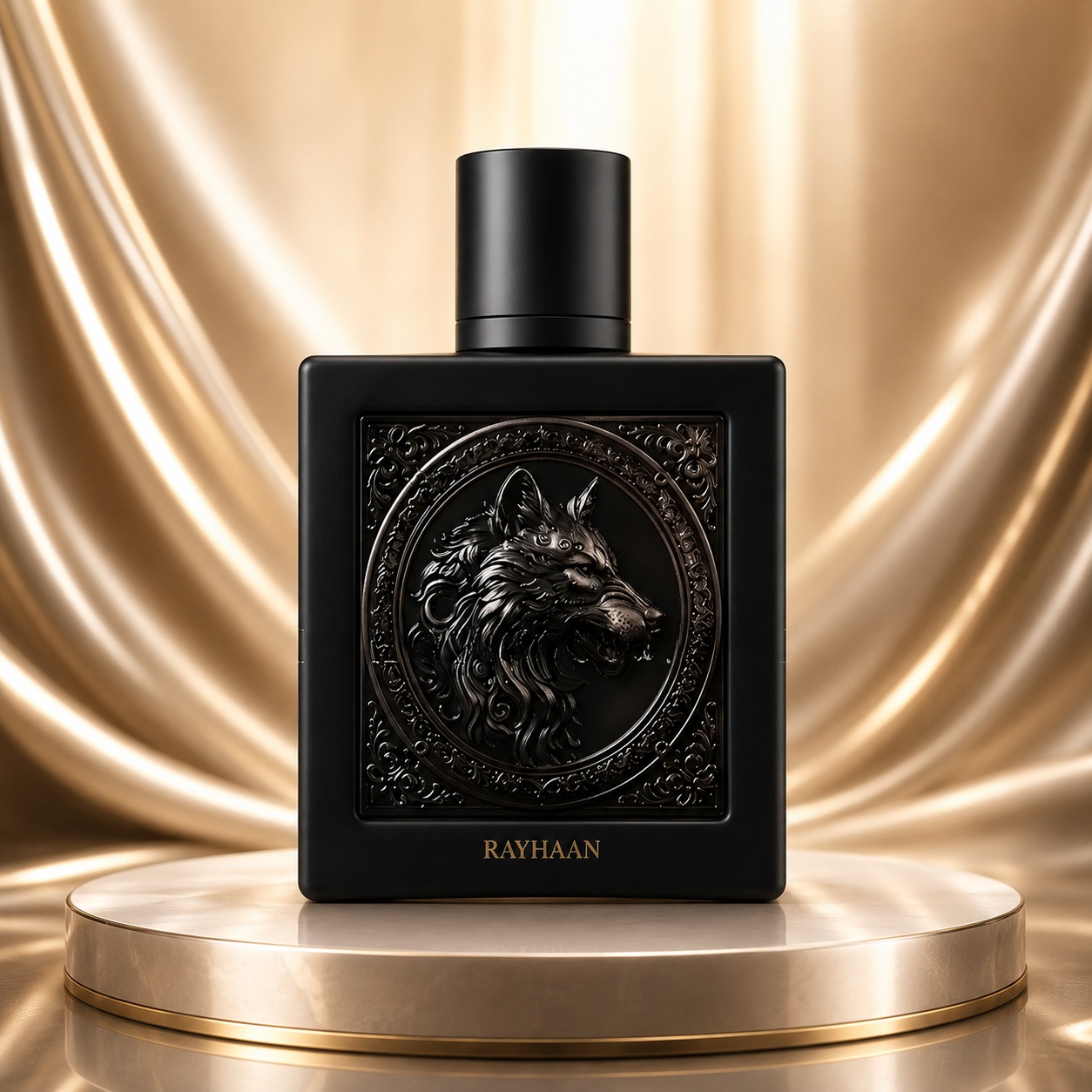 Sticlă parfum Wolf Rayhaan 100 ml negru mat cu lup sculptural &icirc;n relief, capac minimalist și detalii aurii