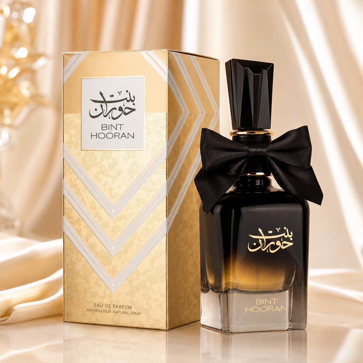 Parfum Arăbesc Bint Hooran Ard Al Zaafaran 100 ml cu flacon negru auriu, fundă elegantă și cutie premium aurie