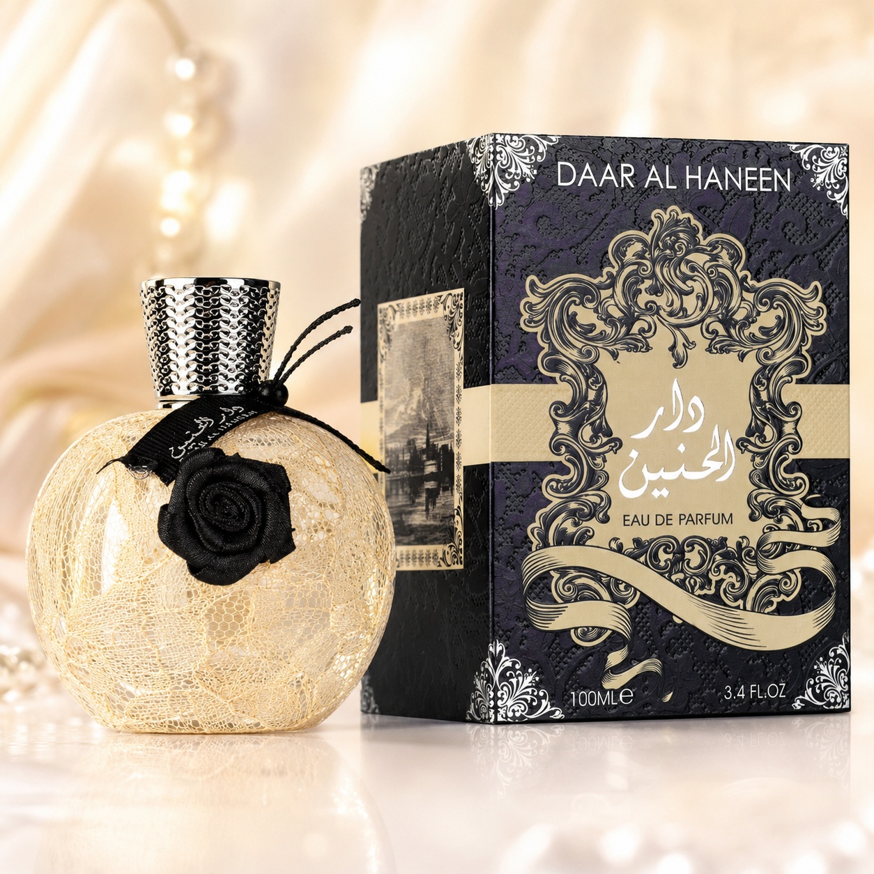 Parfum Arăbesc Daar Al Haneen Ard Al Zaafaran 100 ml cu flacon elegant auriu și cutie premium neagră cu detalii aurii