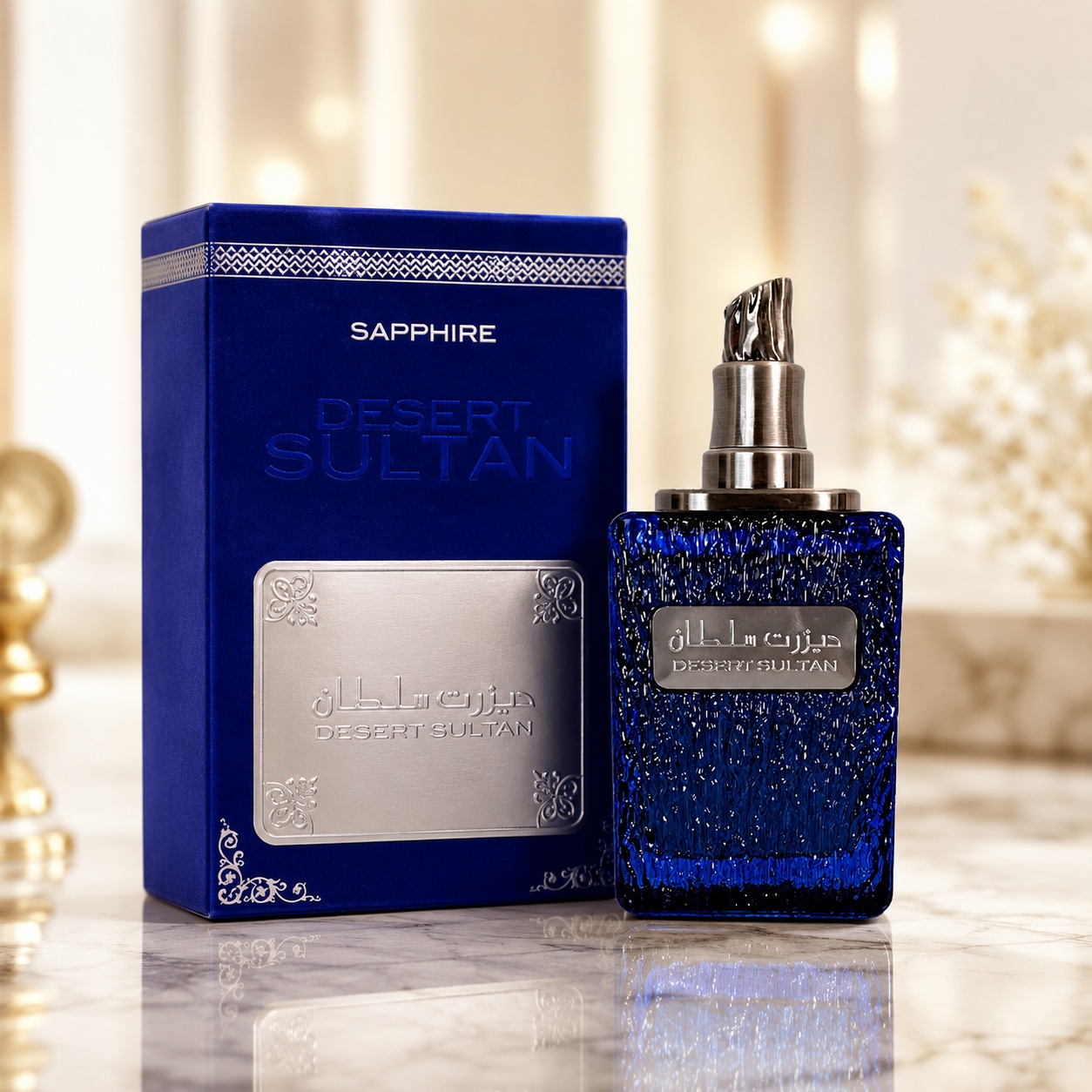 Parfum Arăbesc Desert Sultan Sapphire Ard Al Zaafaran 100 ml cu flacon albastru safir și cutie premium albastră cu detalii argintii