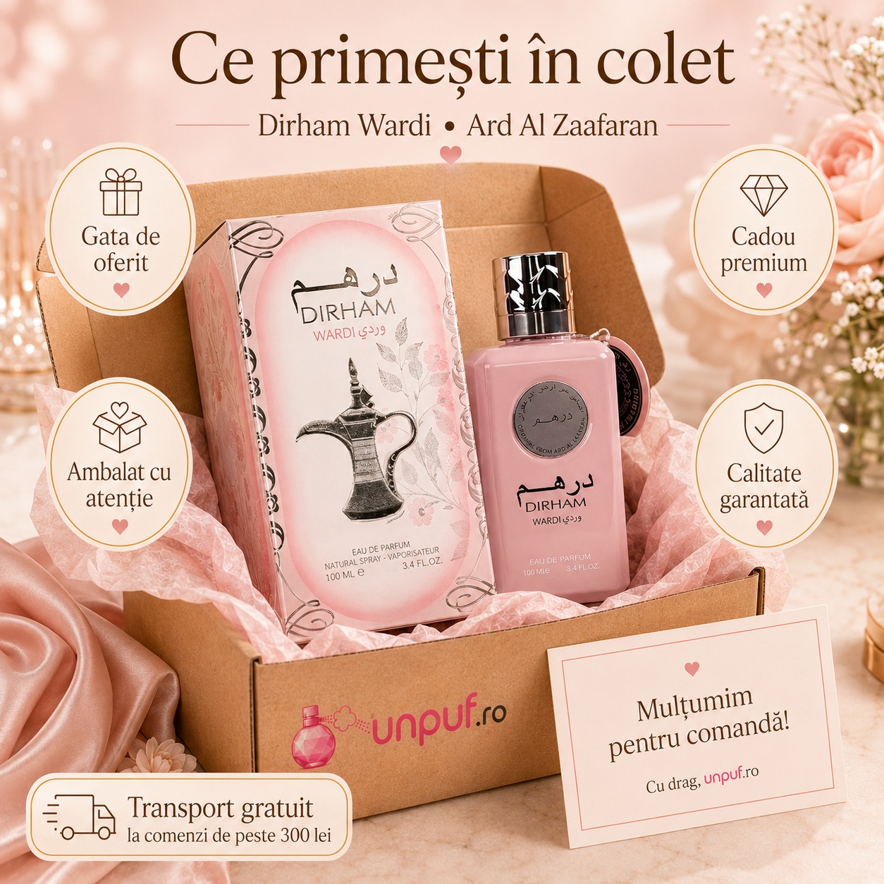 Colet parfum Ard Al Zaafaran Dirham Wardi 100 ml ambalat cu atenție și pregătit pentru cadou