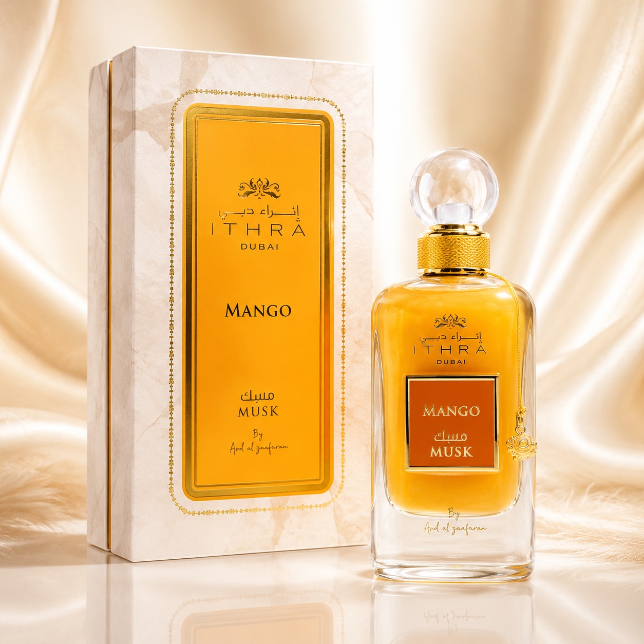 Parfum Arăbesc Ithra Mango Musk Ard Al Zaafaran 100 ml cu flacon portocaliu mango și cutie premium crem cu detalii aurii