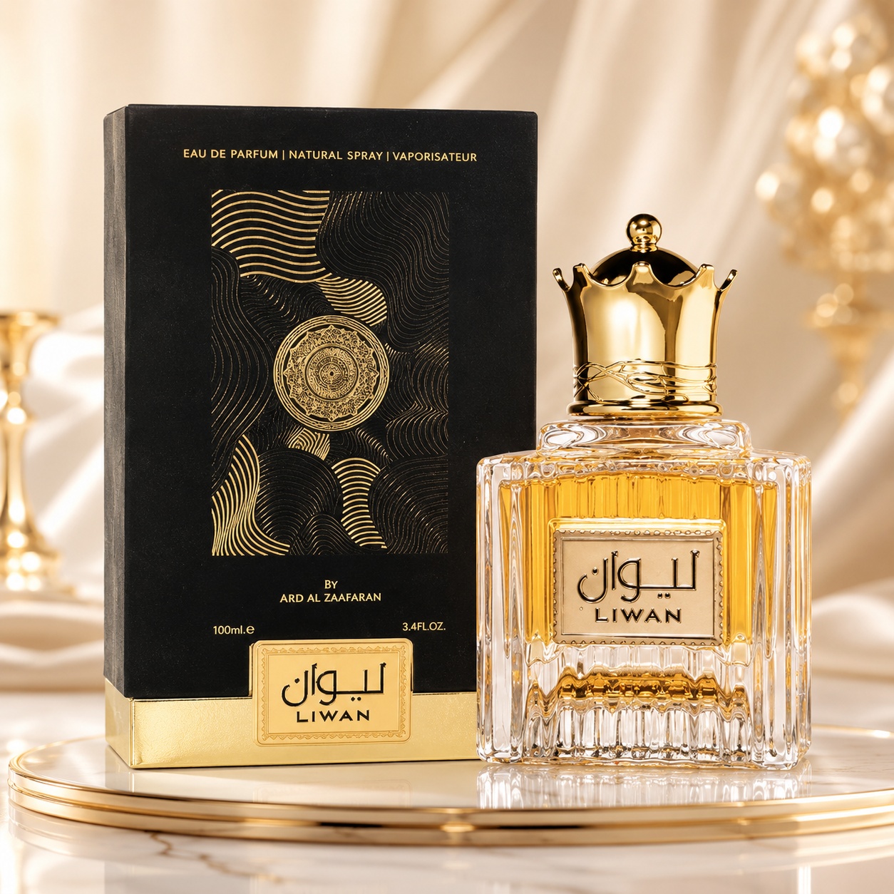 Parfum Arăbesc Liwan Ard Al Zaafaran 100 ml cu flacon transparent, capac regal auriu și cutie premium neagră cu detalii aurii