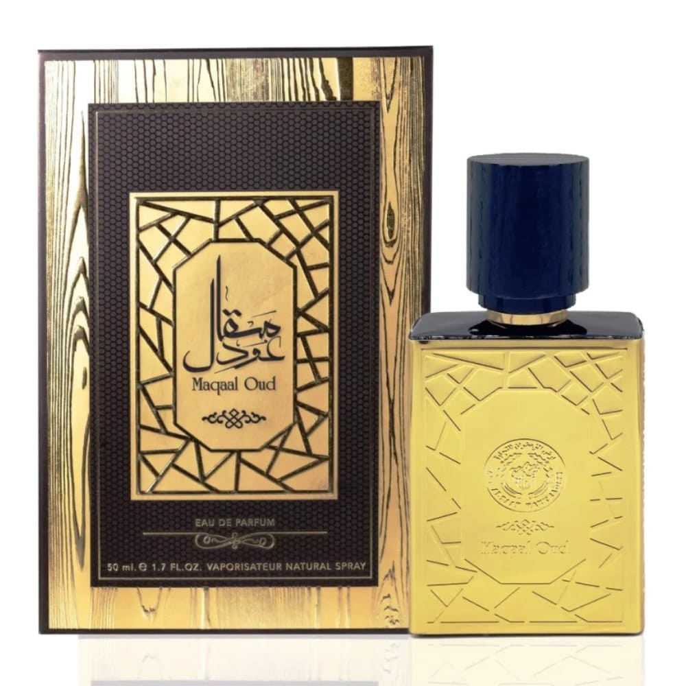 Flacon original Maqaal Oud Ard Al Zaafaran 50 ml parfum arăbesc auriu cu cutie maro aurie premium