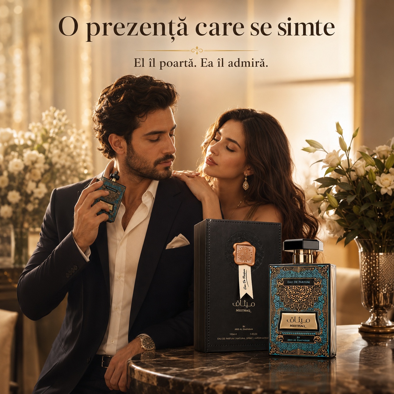 Meethaq Ard Al Zaafaran parfum unisex cu prezență elegantă, purtat de bărbat și admirat de femeie