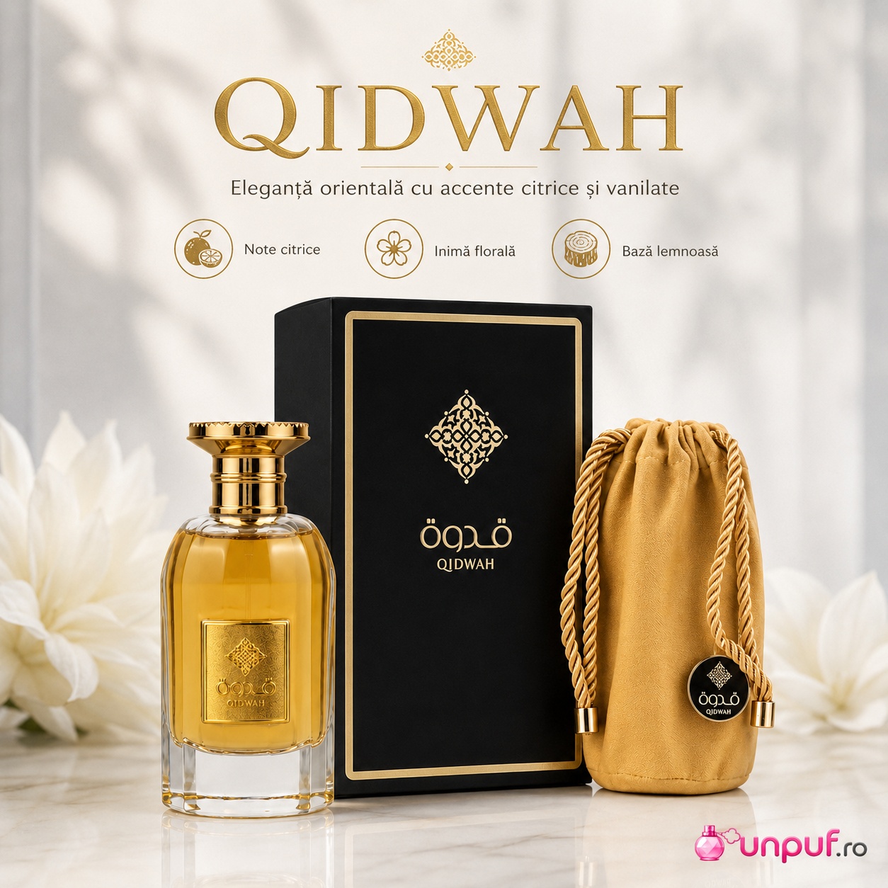 Qidwah Ard Al Zaafaran, eleganță orientală cu note citrice, inimă florală și bază lemnoasă
