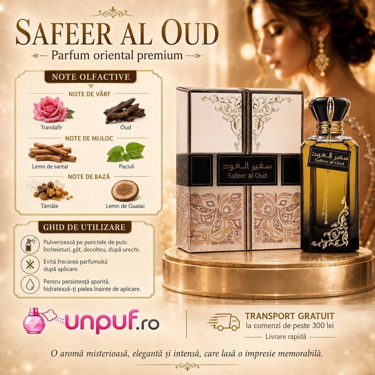 Note olfactive Safeer Al Oud cu trandafir, oud, lemn de santal, patchouli, tăm&acirc;ie și lemn de guaiac