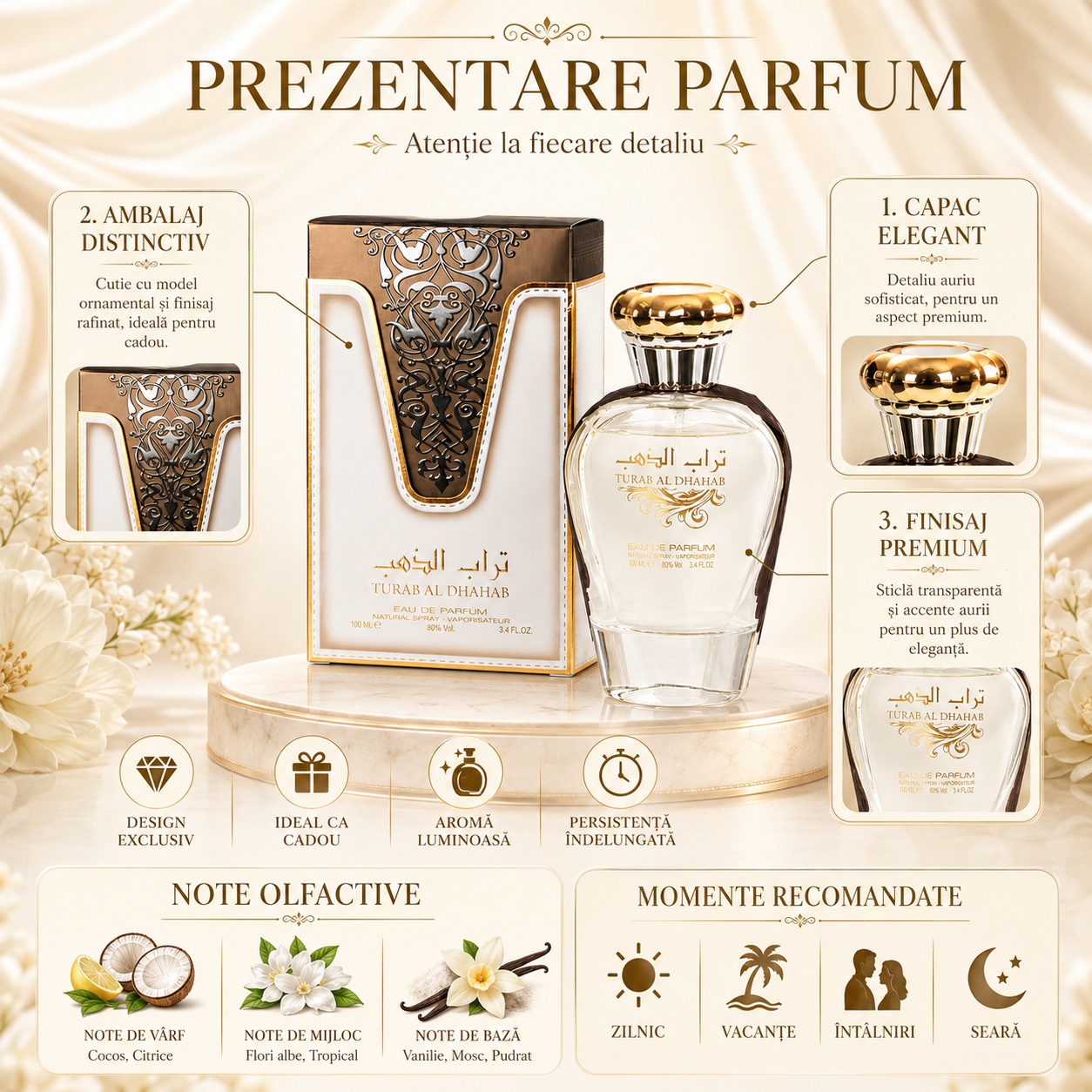 Prezentare parfum Ard Al Zaafaran Turab Al Dhahab cu detalii premium, capac elegant, ambalaj distinctiv și note olfactive