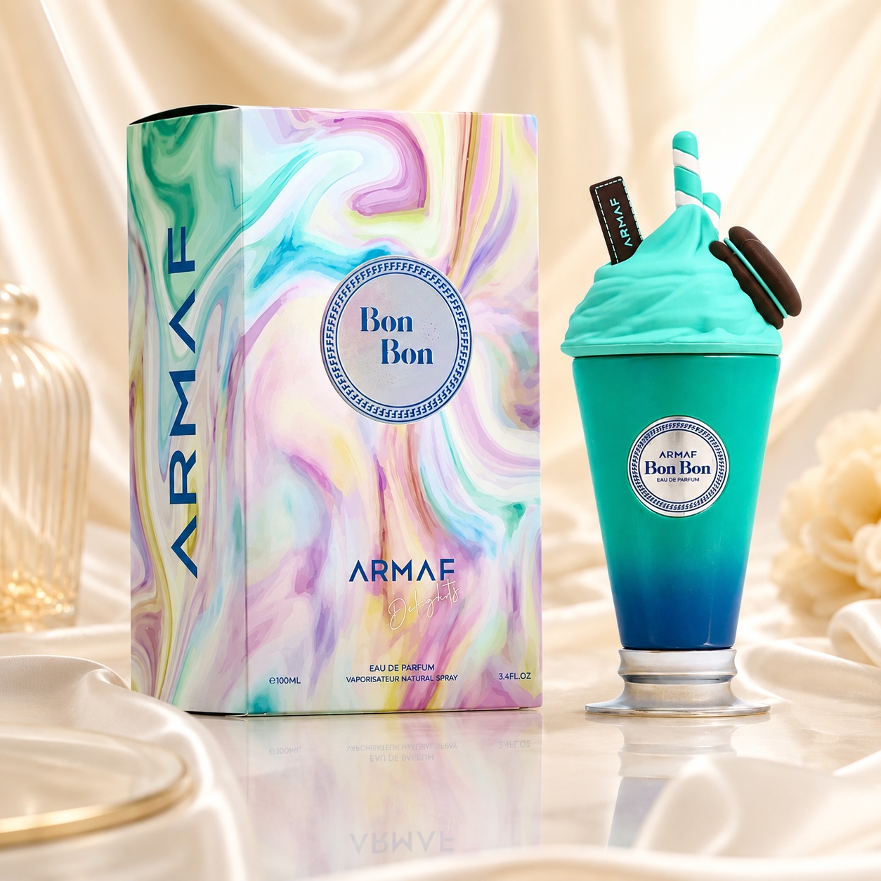 Parfum Arăbesc Armaf Bon Bon 100 ml cu flacon turcoaz &icirc;n formă de desert și cutie pastel premium