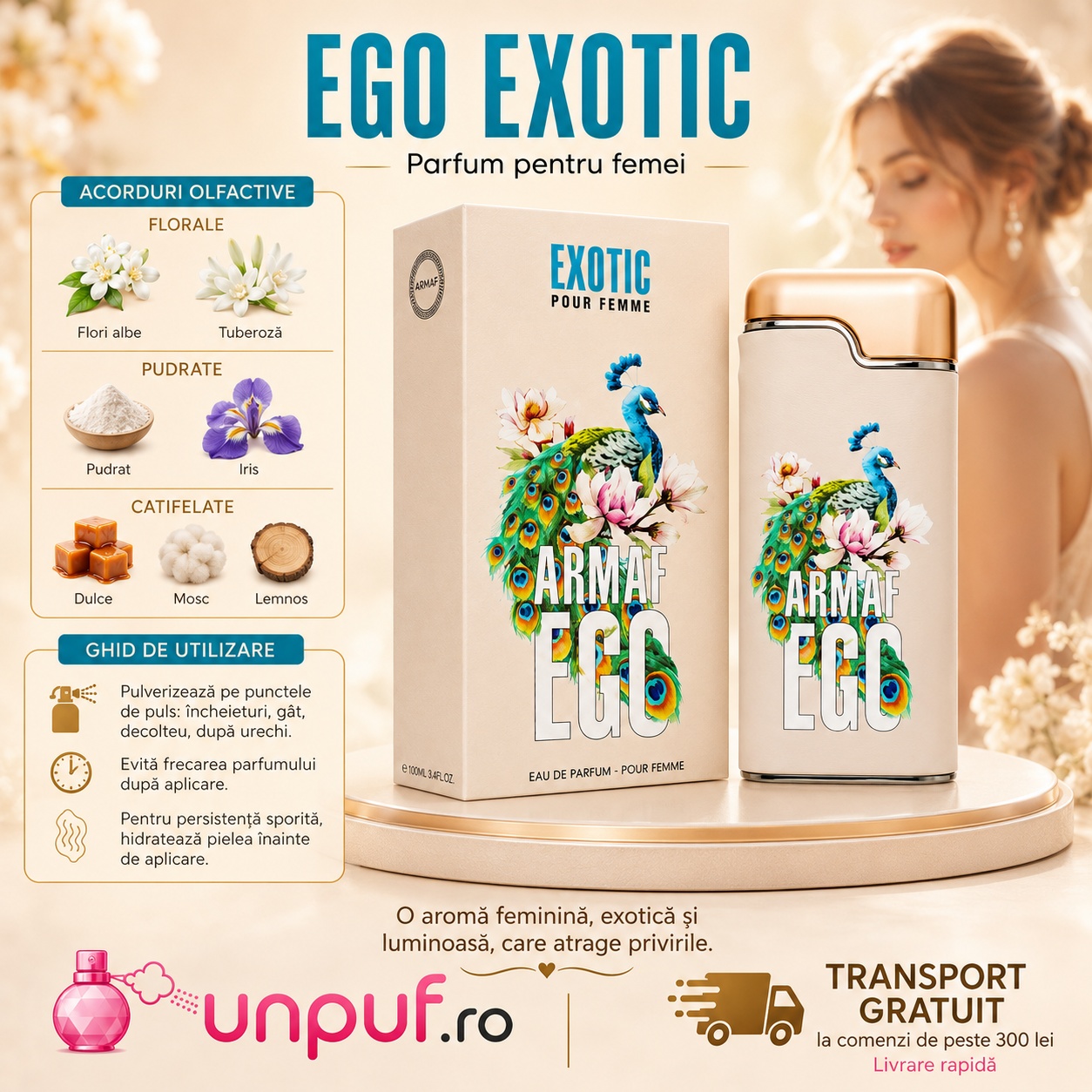 Note olfactive și ghid de utilizare Armaf Ego Exotic 100 ml cu acorduri florale, pudrate, catifelate și moscate