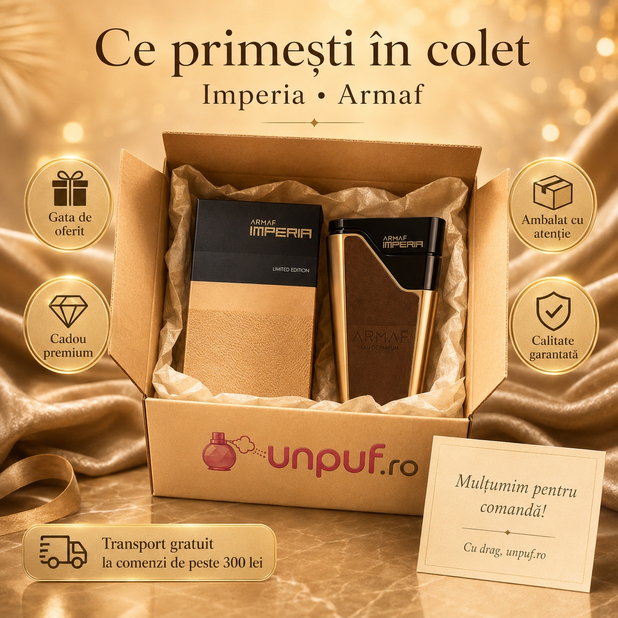 Ce primești &icirc;n colet Armaf Imperia 80 ml parfum original cu cutie premium și ambalare atentă