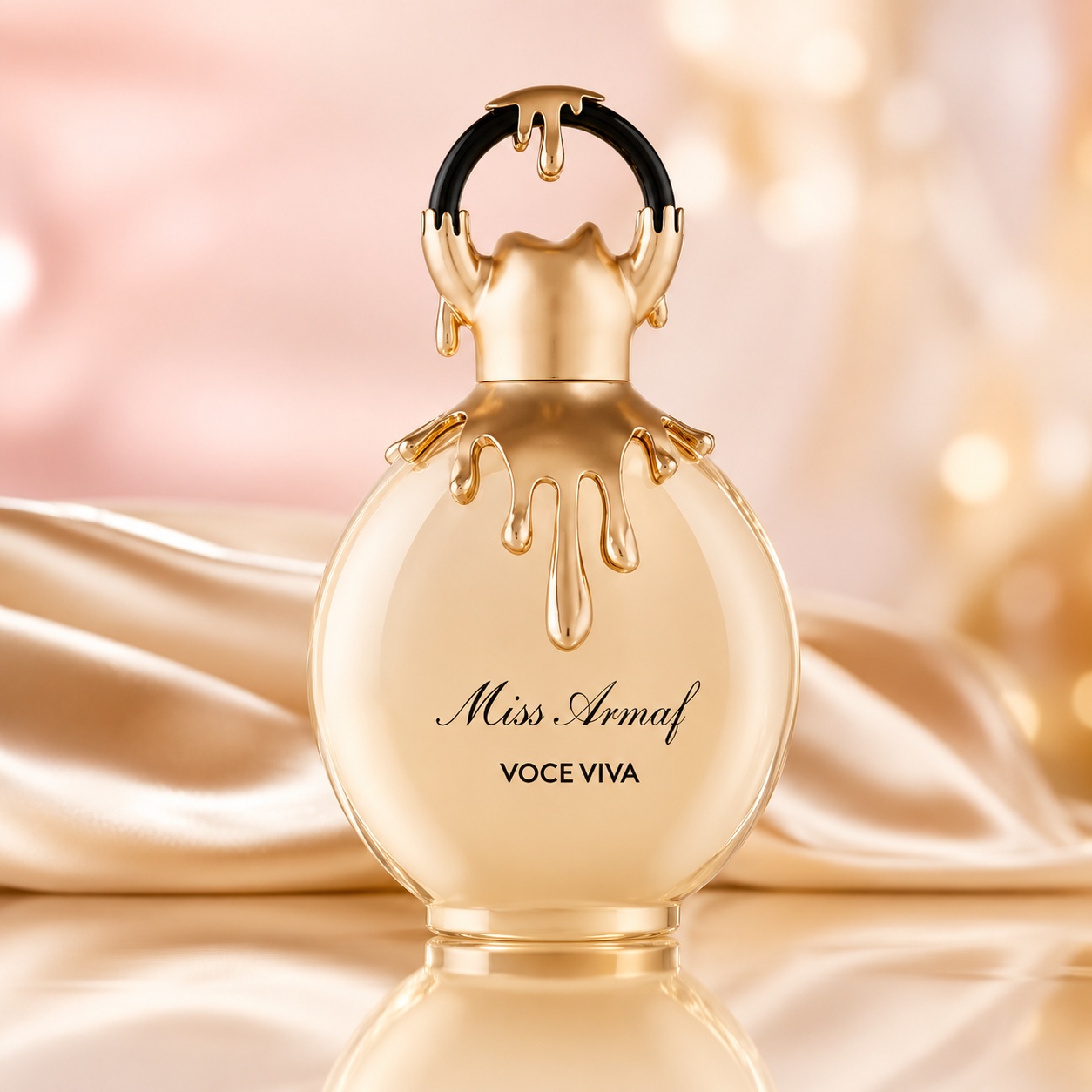 Flacon Armaf Miss Voceviva 100 ml parfum de damă auriu cu design rotund, m&acirc;ner negru și detalii decorative elegante