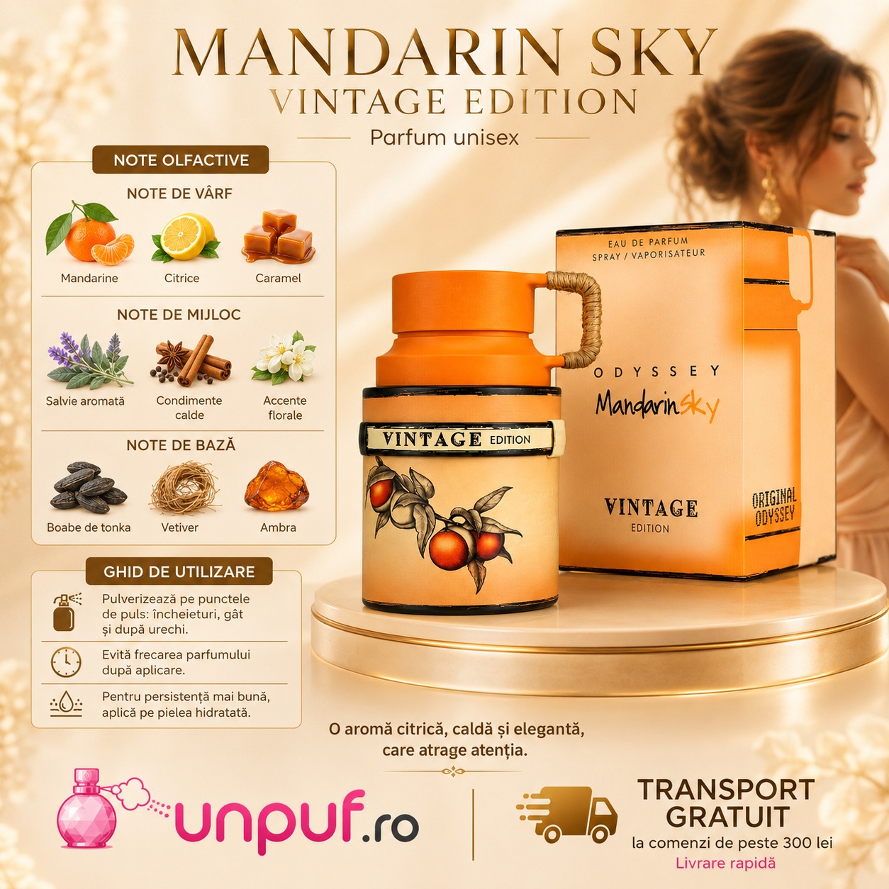 Mandarin Sky Vintage Edition parfum unisex cu mandarină, citrice, caramel, salvie, condimente calde, boabe de tonka, vetiver și ambră