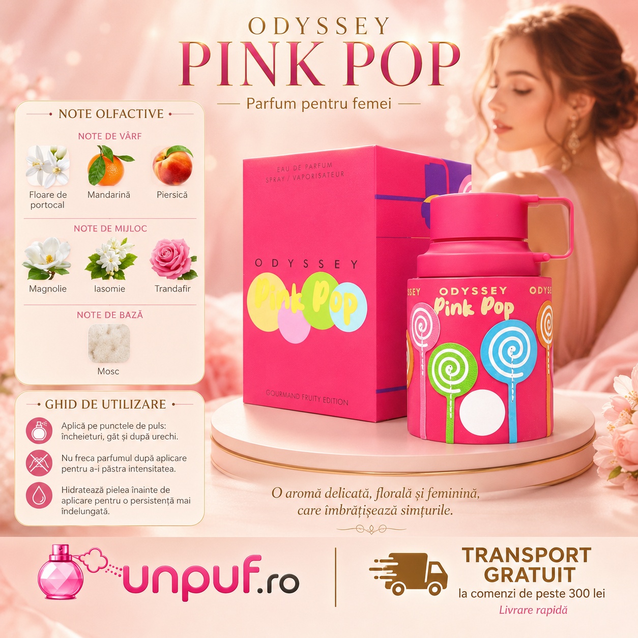 Odyssey Pink Pop parfum pentru femei cu floare de portocal, mandarină, piersică, magnolie, iasomie, trandafir și mosc